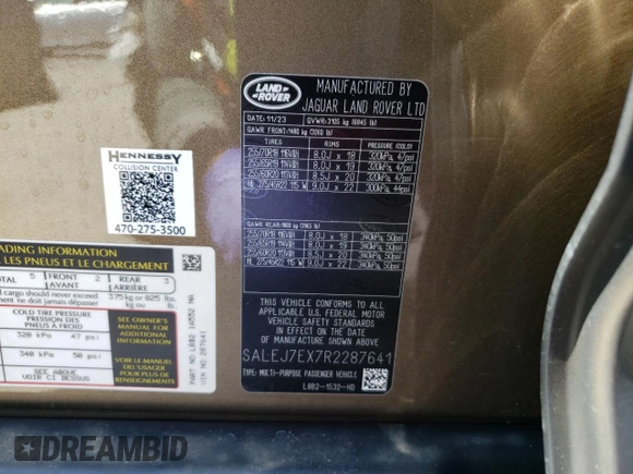 2024 Land Rover Defender S with VIN SALEJ7EX7R2287641, listed as a Copart auction lot 52123665 with 2,358 mi miles and Salvage title. Bid and sale history available at DreamBid. Image 13.