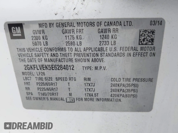 2014 GMC Terrain SLE with VIN 2GKFLVEK5E6284012, listed as a IAAI auction lot 42332942 with 168,712 mi miles and . Bid and sale history available at DreamBid. Image 9.