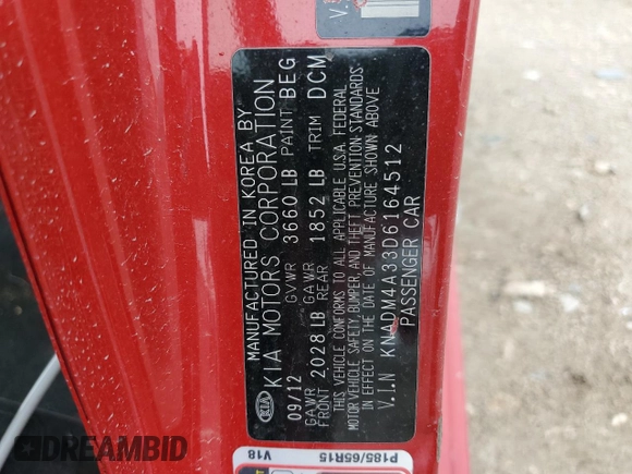 2013 Kia Rio LX with VIN KNADM4A33D6164512, listed as a Copart auction lot 54137825 with Not Provided miles and Salvage Title. Bid and sale history available at DreamBid. Image 12.