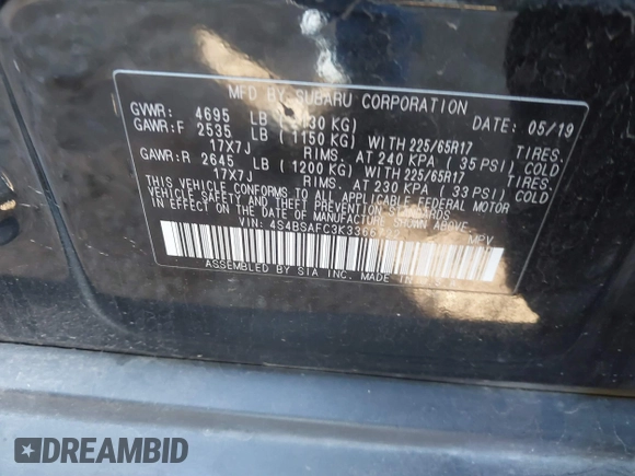 2019 Subaru Outback Premium with VIN 4S4BSAFC3K3366722, listed as a IAAI auction lot 40842109 with 62,617 mi miles. Bid and sale history available at carsss.com. Image 9.