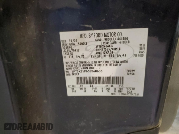 2005 Ford F-250 XL with VIN 1FTSX21P65EB68635, listed as a Copart auction lot 49042045 with Not Provided miles and Clean Title. Bid and sale history available at DreamBid. Image 12.