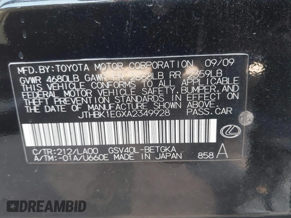 2010 Lexus ES 330 z VIN JTHBK1EGXA2349928, wystawiony jako IAAI lot #41678276 z przebiegiem 222 535 mil mil oraz . Historia ofert i sprzedaży dostępna na DreamBid. Obrazek 9.