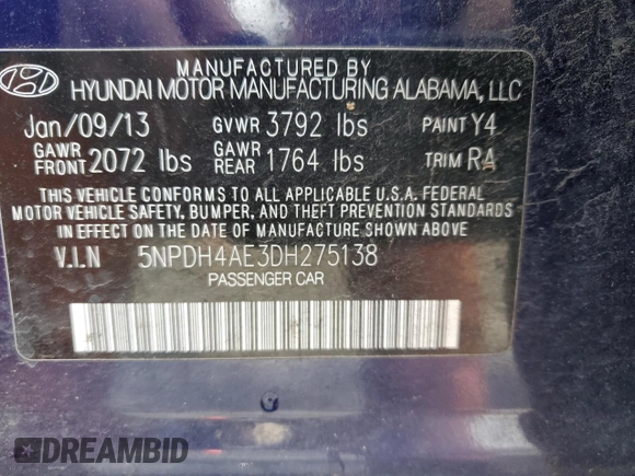 2013 Hyundai Elantra GLS with VIN 5NPDH4AE3DH275138, listed as a Copart auction lot 47889945 with 174,925 mi miles and Salvage title. Bid and sale history available at DreamBid. Image 15.