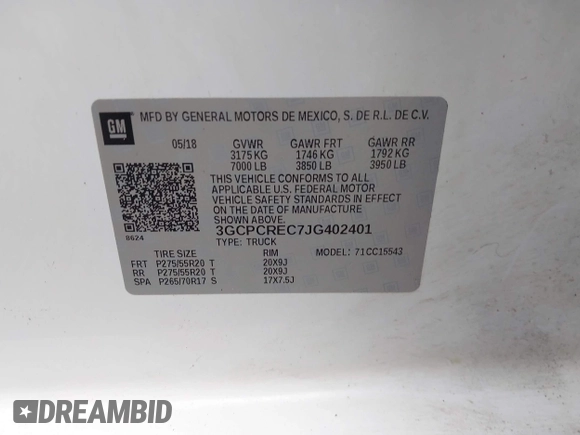 2018 Chevrolet Silverado 1500 LT with VIN 3GCPCREC7JG402401, listed as a IAAI auction lot 41880462 with 128,995 mi miles and . Bid and sale history available at DreamBid. Image 9.