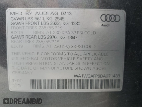 2013 Audi Q5 Prestige with VIN WA1WGAFP8DA071439, listed as a Copart auction lot 60870095 with 146,290 mi miles and Salvage title. Bid and sale history available at DreamBid. Image 13.