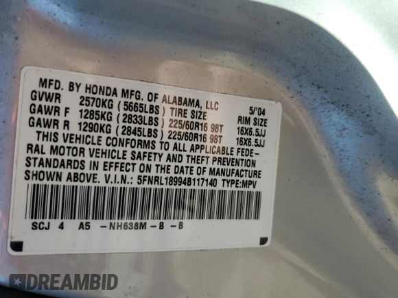 2004 Honda Odyssey EX-L with VIN 5FNRL18994B117140, listed as a Copart auction lot 49677635 with 247,237 mi miles and Salvage Title. Bid and sale history available at DreamBid. Image 16.