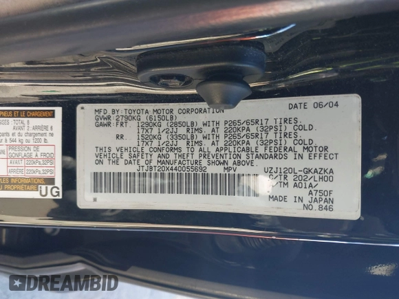 2004 Lexus GX 470 with VIN JTJBT20X440055692, listed as a IAAI auction lot 42044615 with 344,351 mi miles and . Bid and sale history available at DreamBid. Image 9.