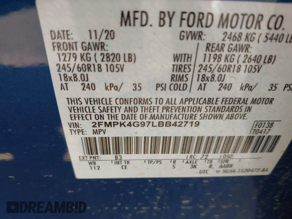 2020 Ford Edge SE with VIN 2FMPK4G97LBB42719, listed as a IAAI auction lot 42580013 with 87,475 mi miles and . Bid and sale history available at DreamBid. Image 9.