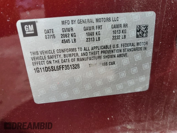 2015 Chevrolet Malibu LT with VIN 1G11D5SL6FF351328, listed as a Copart auction lot 47287395 with 109,626 mi miles and Salvage Title. Bid and sale history available at DreamBid. Image 12.