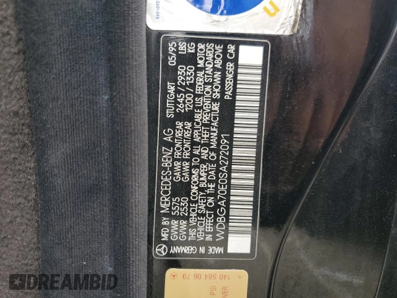 1995 Mercedes-Benz S with VIN WDBGA70E0SA272091, listed as a Copart auction lot 57371104 with Not Provided miles and Salvage Title. Bid and sale history available at DreamBid. Image 12.