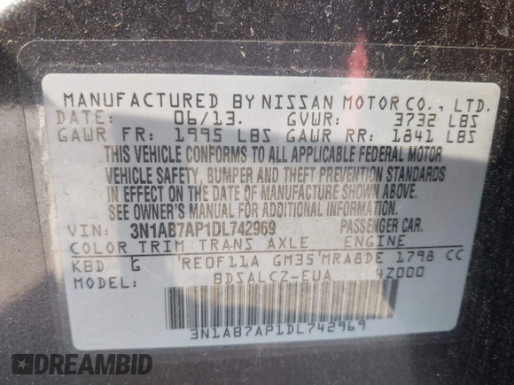 2013 Nissan Sentra FE+ S with VIN 3N1AB7AP1DL742969, listed as a IAAI auction lot 42249953 with 122,512 mi miles and . Bid and sale history available at DreamBid. Image 9.
