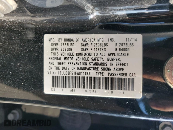 2015 Acura TLX Technology with VIN 19UUB2F51FA011085, listed as a Copart auction lot 62780705 with 156,515 mi miles and Salvage title. Bid and sale history available at DreamBid. Image 13.