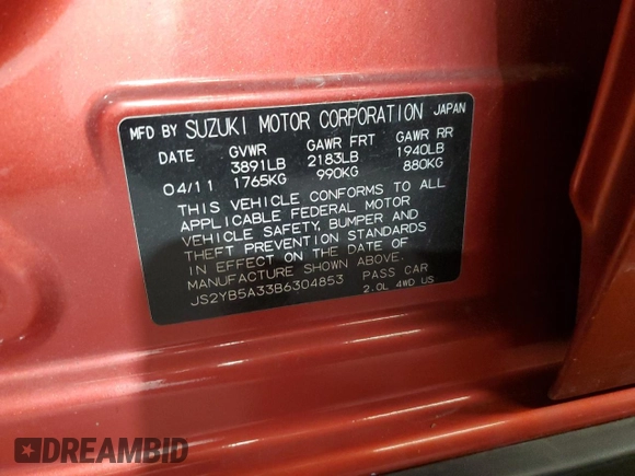 2011 Suzuki SX4 Crossover with VIN JS2YB5A33B6304853, listed as a Copart auction lot 79001134 with 134,041 mi miles and Salvage Title. Bid and sale history available at carsss.com. Image 13.
