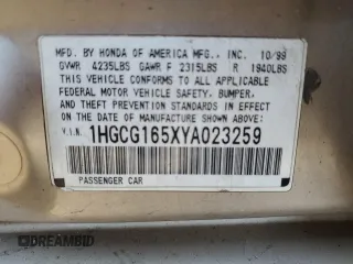 2000 Honda Accord EX с VIN 1HGCG165XYA023259, выставлен на аукционе Copart как лот 48808325 с пробегом Не указан миль и На запчасти • Non repairable. История ставок и продаж доступна на DreamBid. Изображение 14.