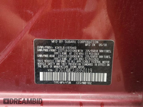 2018 Subaru Crosstrek Limited with VIN JF2GTAMC2J8350119, listed as a Copart auction lot 61361375 with 65,422 mi miles and Salvage title. Bid and sale history available at DreamBid. Image 14.