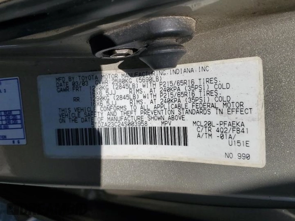 2004 Toyota Sienna CE with VIN 5TDZA23C24S003958, listed as a Copart auction lot 47366395 with 267,740 mi miles and Salvage Title. Bid and sale history available at carsss.com. Image 12.