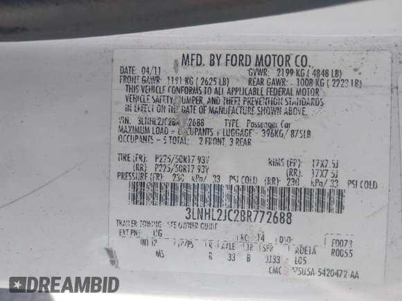 2011 Lincoln MKZ with VIN 3LNHL2JC2BR772688, listed as a IAAI auction lot 42525389 with 127,530 mi miles and . Bid and sale history available at DreamBid. Image 9.