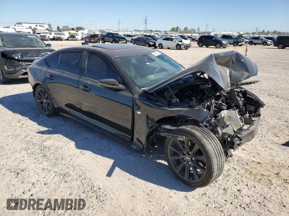 2025 Cadillac CT5 Sport with VIN 1G6DP5RK9S0112073, listed as a Copart auction lot 49506065 with 7,277 mi miles and Salvage title. Bid and sale history available at DreamBid. Image 4.