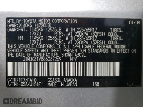 2008 Toyota RAV4 Ltd with VIN JTMBK31V886037269, listed as a Copart auction lot 52190385 with 100,831 mi miles and Salvage Title. Bid and sale history available at carsss.com. Image 13.