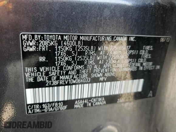 2013 Toyota RAV4 LE with VIN 2T3BFREV1DW064033, listed as a Copart auction lot 58982715 with 167,425 mi miles and Salvage title. Bid and sale history available at DreamBid. Image 12.