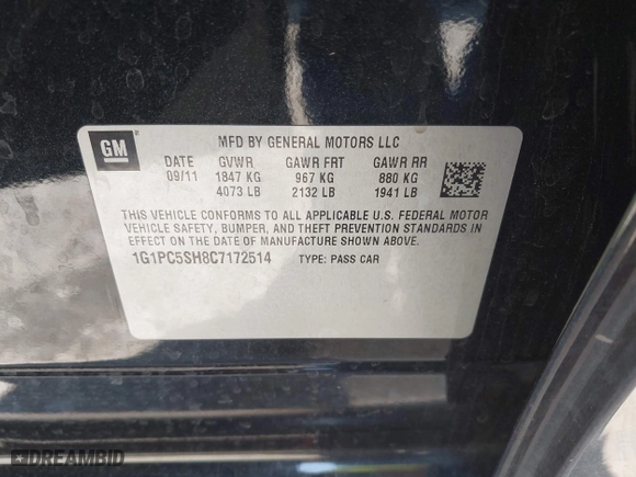 2012 Chevrolet Cruze LS with VIN 1G1PC5SH8C7172514, listed as a IAAI auction lot 41977299 with 182,734 mi miles. Bid and sale history available at carsss.com. Image 9.