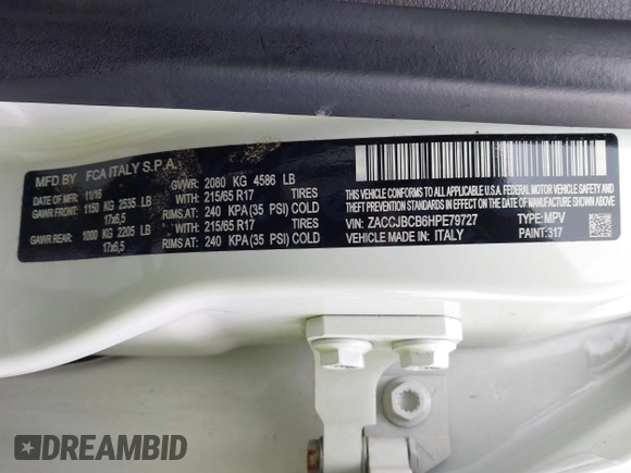 2017 Jeep Renegade Trailhawk с VIN ZACCJBCB6HPE79727, выставлен на аукционе IAAI как лот 41851367 с пробегом 90 645 миль миль и . История ставок и продаж доступна на DreamBid. Изображение 9.