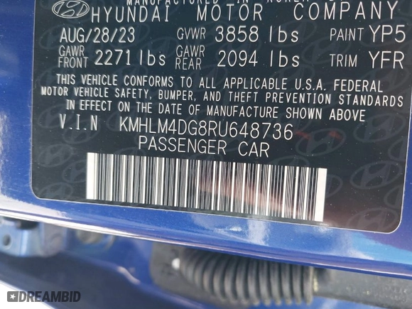 2024 Hyundai Elantra SEL with VIN KMHLM4DG8RU648736, listed as a IAAI auction lot 42030212 with 37,561 mi miles. Bid and sale history available at carsss.com. Image 9.