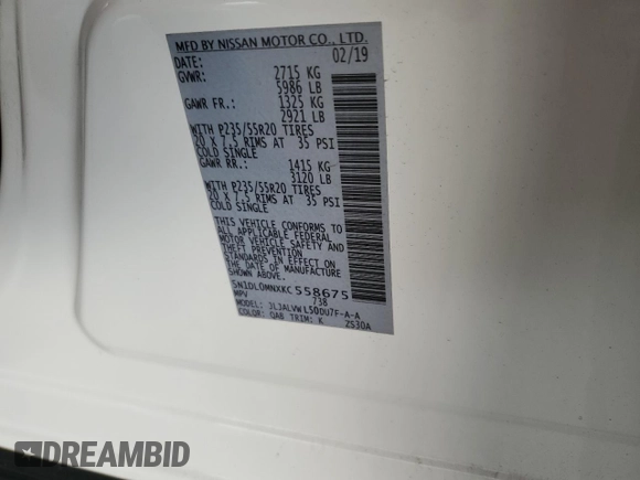 2019 Infiniti QX60 Luxe with VIN 5N1DL0MNXKC558675, listed as a Copart auction lot 44579435 with 45,657 mi miles and Salvage title. Bid and sale history available at DreamBid. Image 13.