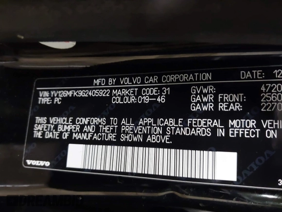 2016 Volvo S60 T5 Drive-E Premier with VIN YV126MFK9G2405922, listed as a IAAI auction lot 41559537 with 60,830 mi miles. Bid and sale history available at carsss.com. Image 9.