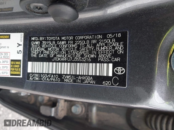 2018 Toyota Prius Two with VIN JTDKARFU7J3553216, listed as a IAAI auction lot 41979005 with 61,818 mi miles. Bid and sale history available at carsss.com. Image 9.