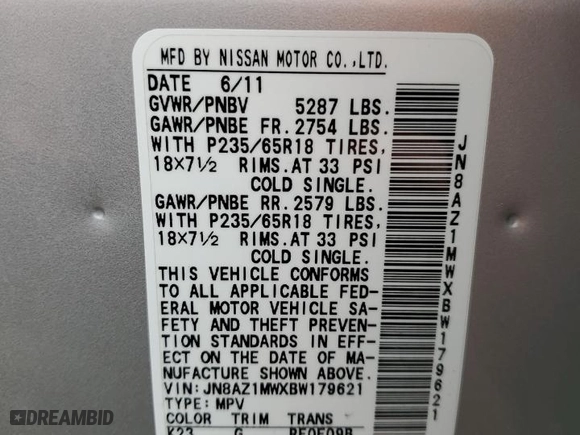 2011 Nissan Murano SV with VIN JN8AZ1MWXBW179621, listed as a Copart auction lot 51693005 with 60,782 mi miles and Salvage Title. Bid and sale history available at carsss.com. Image 13.