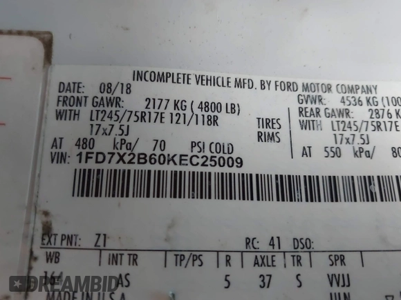 2019 Ford F-250 XL with VIN 1FD7X2B60KEC25009, listed as a IAAI auction lot 42133340 with 159,294 mi miles and . Bid and sale history available at DreamBid. Image 9.