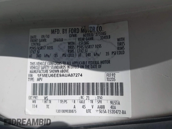 2010 Ford Explorer Eddie Bauer с VIN 1FMEU6EE9AUA87274, выставлен на аукционе IAAI как лот 42453657 с пробегом 175 609 миль миль и . История ставок и продаж доступна на DreamBid. Изображение 9.