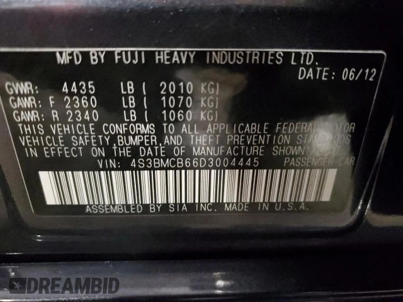 2013 Subaru Legacy Premium with VIN 4S3BMCB66D3004445, listed as a Copart auction lot 60497135 with 205,267 mi miles and Salvage title. Bid and sale history available at DreamBid. Image 12.
