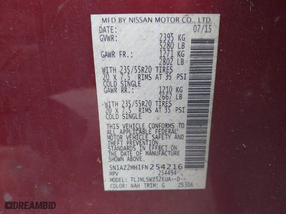 2015 Nissan Murano SV with VIN 5N1AZ2MH1FN254216, listed as a IAAI auction lot 41989152 with 142,378 mi miles. Bid and sale history available at carsss.com. Image 9.