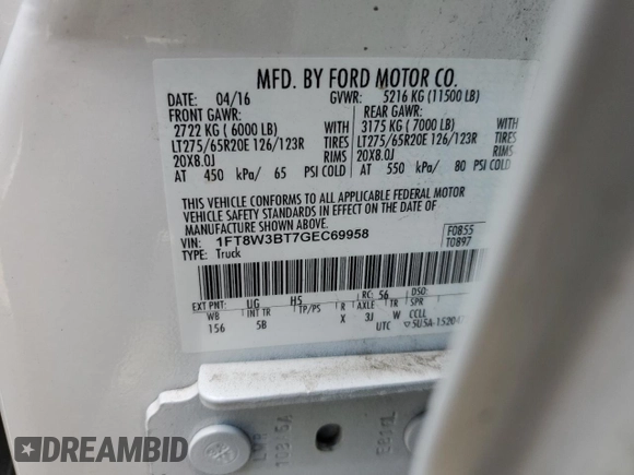 2016 Ford F-350 Platinum with VIN 1FT8W3BT7GEC69958, listed as a Copart auction lot 48065805 with 114,890 mi miles and Salvage Title. Bid and sale history available at DreamBid. Image 14.