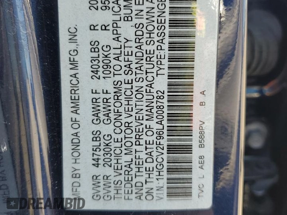 2020 Honda Accord Touring z VIN 1HGCV2F96LA008782, wystawiony jako Copart lot #53395065 z przebiegiem 35 044 mil mil oraz Szkoda całkowita • Salvage title. Historia ofert i sprzedaży dostępna na DreamBid. Obrazek 12.