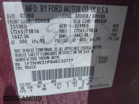 2004 Ford F-250 XL with VIN 1FTNW21PX4EC52777, listed as a IAAI auction lot 42219119 with 192,181 mi miles and . Bid and sale history available at DreamBid. Image 9.