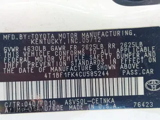 2012 Toyota Camry L with VIN 4T1BF1FK4CU585244, listed as a IAAI auction lot 41888327 with 124,138 mi miles. Bid and sale history available at carsss.com. Image 9.