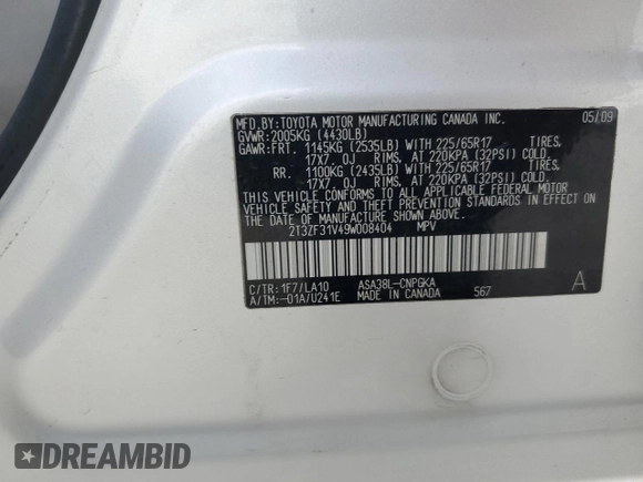 2009 Toyota RAV4 with VIN 2T3ZF31V49W008404, listed as a Copart auction lot 46264965 with 160,119 mi miles and Salvage title. Bid and sale history available at DreamBid. Image 13.