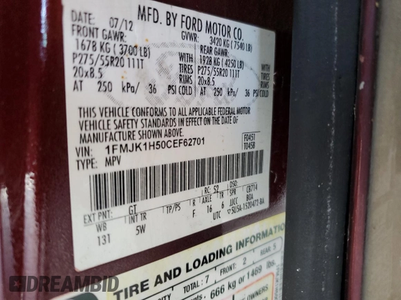 2012 Ford Expedition Max King Ranch с VIN 1FMJK1H50CEF62701, выставлен на аукционе Copart как лот 62899155 с пробегом 233 507 миль миль и Списание • Salvage title. История ставок и продаж доступна на DreamBid. Изображение 13.