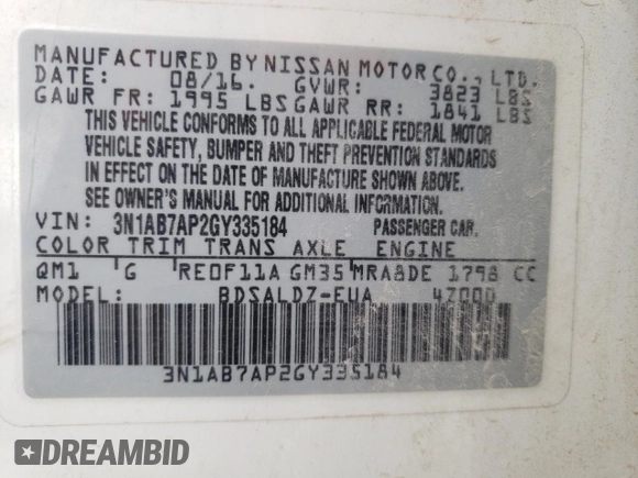 2016 Nissan Sentra SV with VIN 3N1AB7AP2GY335184, listed as a Copart auction lot 50814755 with 109,289 mi miles and Salvage Title. Bid and sale history available at DreamBid. Image 15.