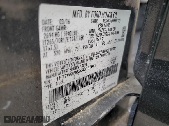 2016 Ford F-250 Lariat with VIN 1FT7W2B62GEC37984, listed as a Copart auction lot 61160875 with 117,284 mi miles and Salvage title. Bid and sale history available at DreamBid. Image 12.