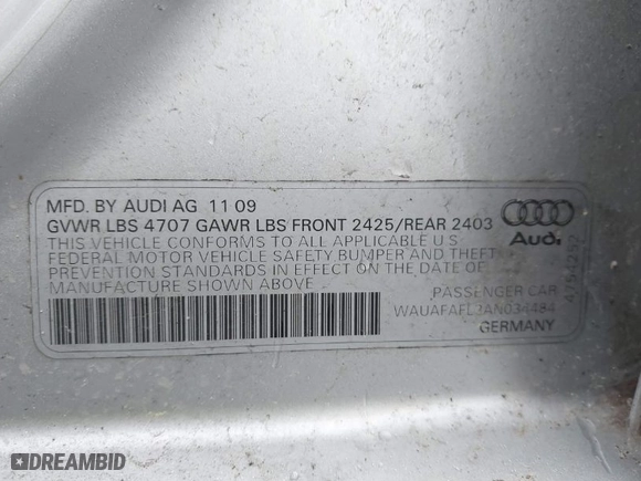 2010 Audi A4 2.0T Premium with VIN WAUAFAFL2AN034484, listed as a IAAI auction lot 41823204 with 114,690 mi miles. Bid and sale history available at carsss.com. Image 9.
