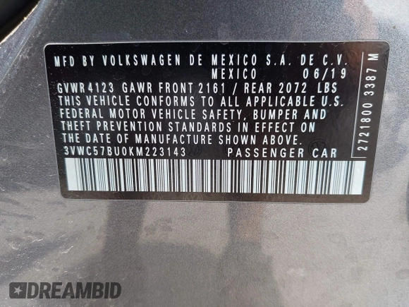 2019 Volkswagen Jetta S z VIN 3VWC57BU0KM223143, wystawiony jako IAAI lot #42605872 z przebiegiem 144 245 mil mil oraz . Historia ofert i sprzedaży dostępna na DreamBid. Obrazek 9.