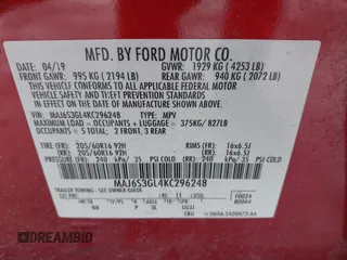 2019 Ford EcoSport SE z VIN MAJ6S3GL4KC296248, wystawiony jako IAAI lot #41630714 z przebiegiem 96 878 mil mil oraz . Historia ofert i sprzedaży dostępna na DreamBid. Obrazek 9.