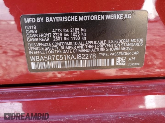 2019 BMW 3 Series 330i xDrive with VIN WBA5R7C51KAJ82278, listed as a Copart auction lot 82415124 with 57,625 mi miles and Salvage Title. Bid and sale history available at carsss.com. Image 12.