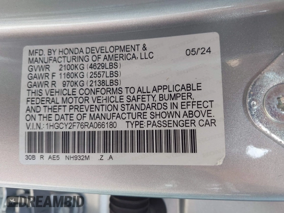 2024 Honda Accord Sport-L with VIN 1HGCY2F76RA066180, listed as a IAAI auction lot 42267426 with Not provided miles and . Bid and sale history available at DreamBid. Image 9.