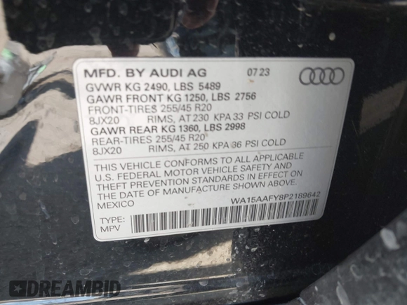 2023 Audi Q5 Sportback S line Premium Plus with VIN WA15AAFY8P2189642, listed as a IAAI auction lot 41662708 with 18,926 mi miles and . Bid and sale history available at DreamBid. Image 9.