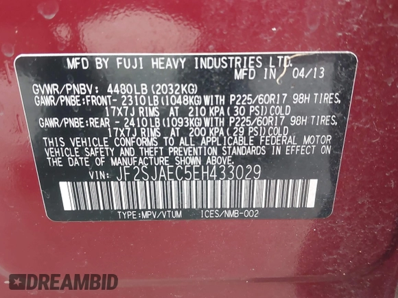 2014 Subaru Forester Premium with VIN JF2SJAEC5EH433029, listed as a IAAI auction lot 42680628 with 171,548 mi miles and . Bid and sale history available at DreamBid. Image 9.